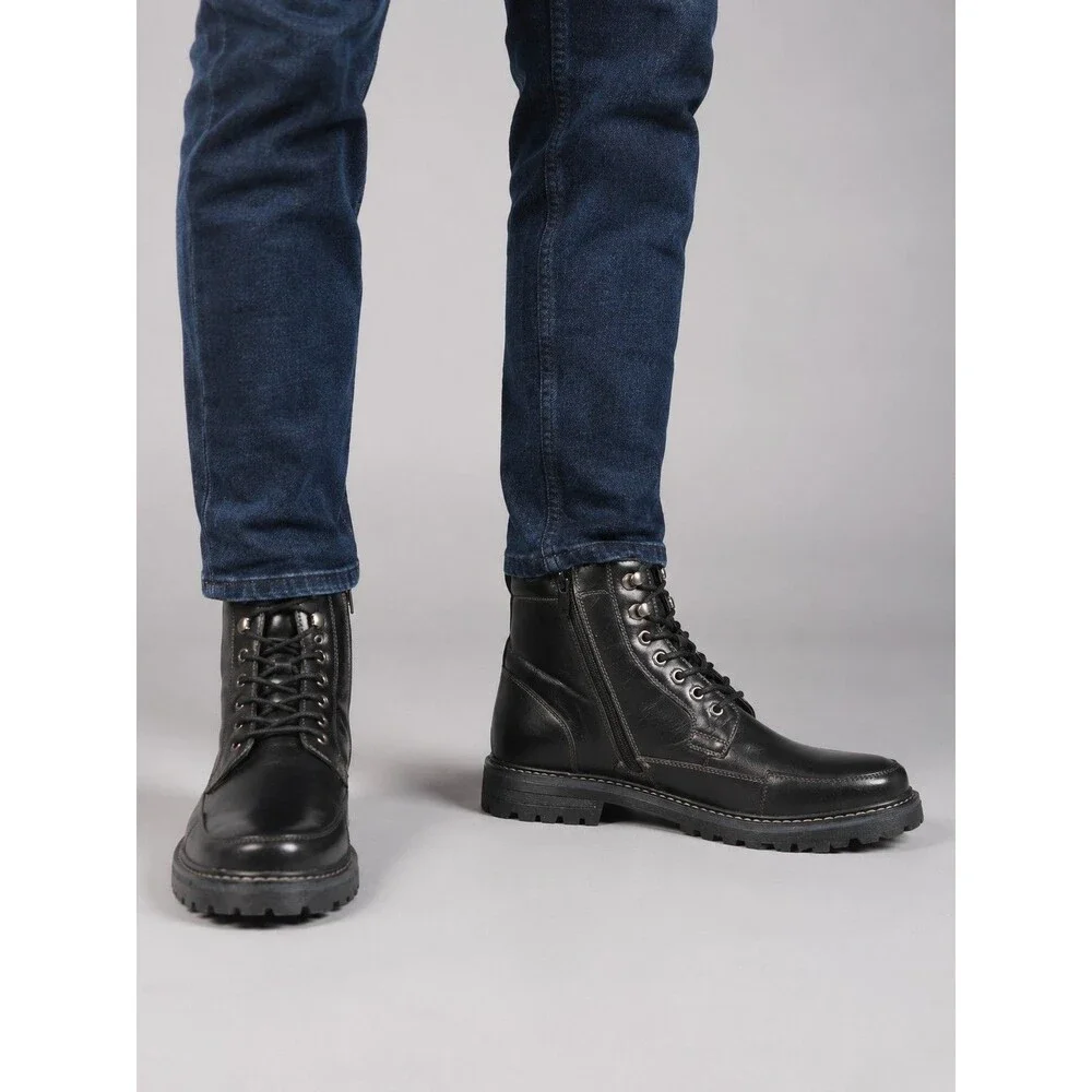 Bruno Marc Men’s Black Lace-Up Side Zip Combat Boots Size 10.5 Lug Sole ENGLE-01